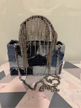 Kara Denim Patchwork Mini Bag with Silver Crystal Fringe - crossbody